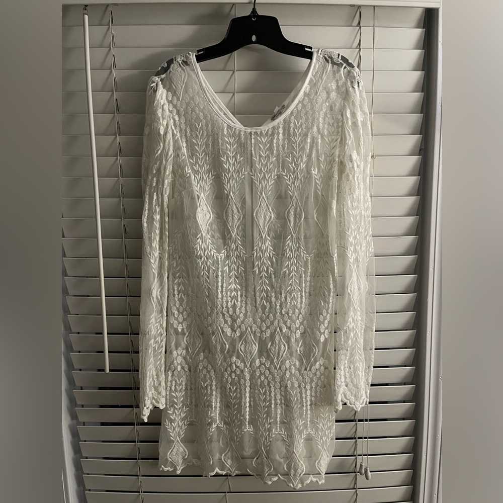 Bridal Boho White Lace Dress (long sleeve, mini, large)